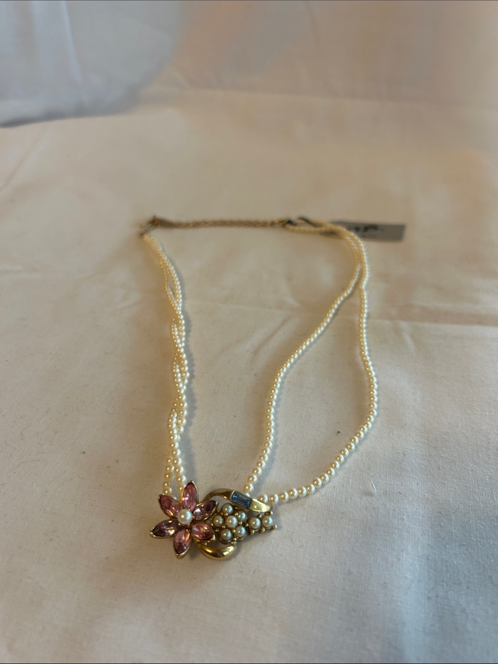 1928 Double-Strand Faux Pearl Necklace with Pink Flower Accent